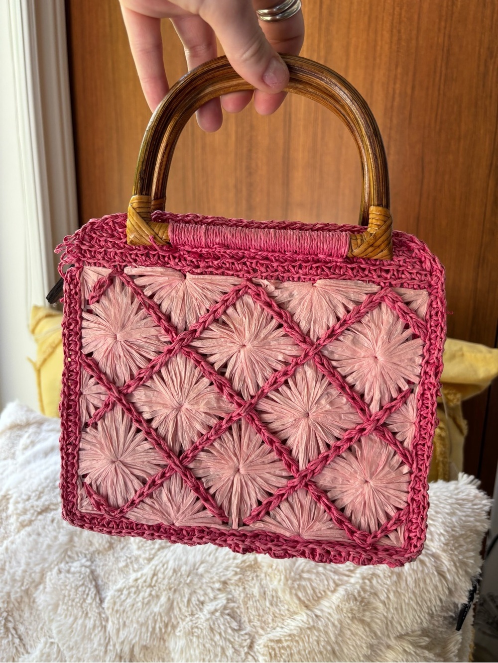 Call It Spring Pink Woven Raffia Top-Handle Bag - Picture 2 of 11